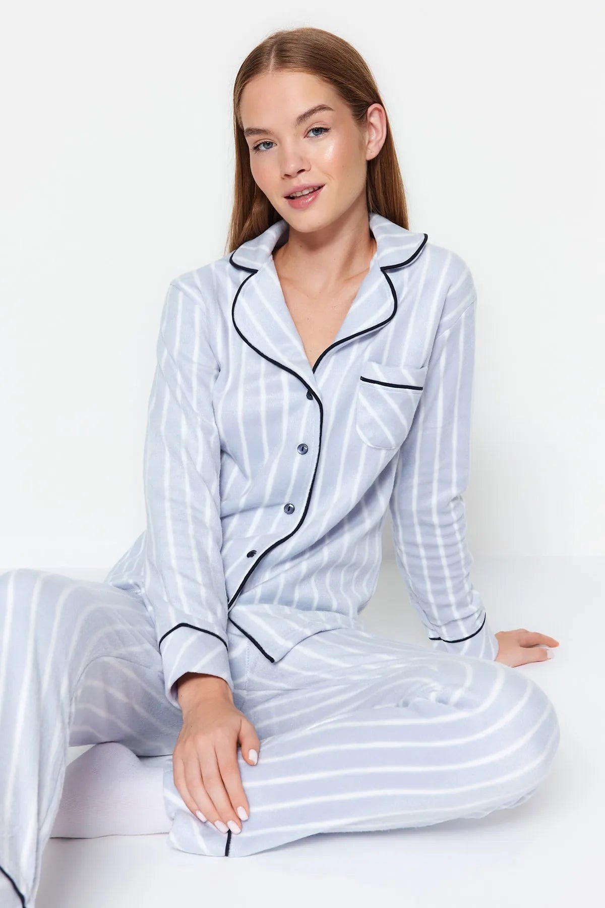 Blue Striped Piping Detailed Sleep Band Polar Winter Knitted Pajama Set