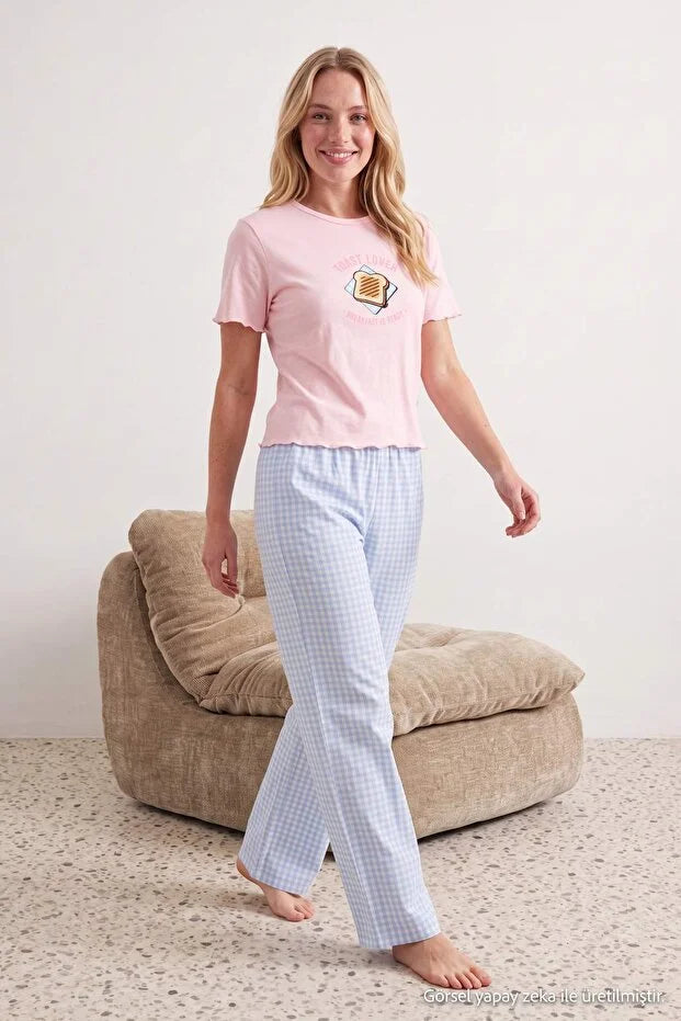 Pink & Blue Cotton Printed Gingham Knit Pajama Set