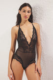 Black Tulle Lace Detailed Coverless Knitted Bodysuit