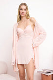 Powder Pink 4-Piece Lace Detail Robe, Nightdress, Bralette & Shorts Pajama Set