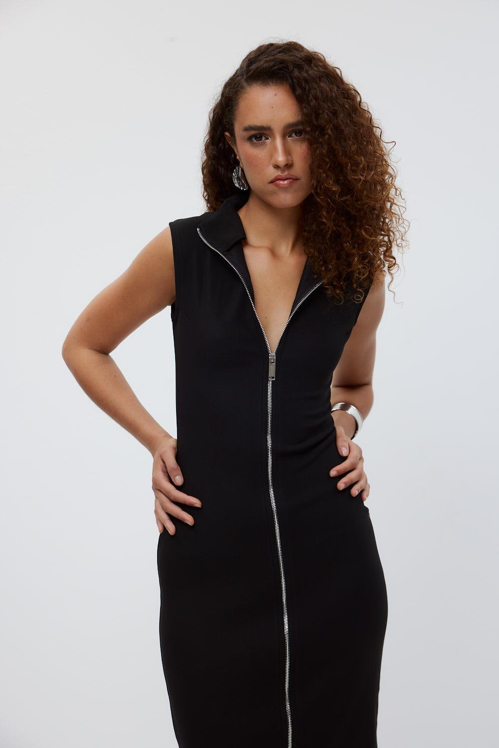 Zippered Sleeveless Midi Black Corduroy Dress