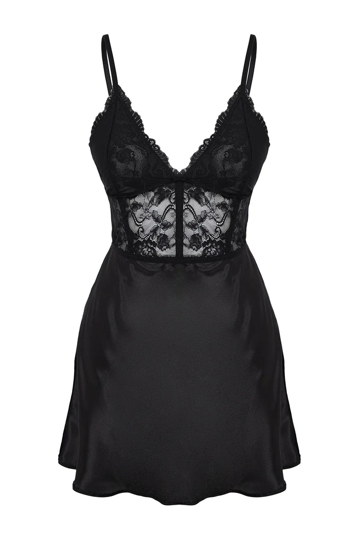 Black Lace Back Hook and Window/Cut Out Detail Satin Woven Nightgown
