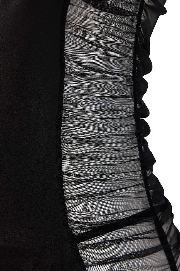 Black Garter Belted, Unlined Satin and Tulle Babydoll/Fantasy Nightgown with Sheer Back and Pantyhose