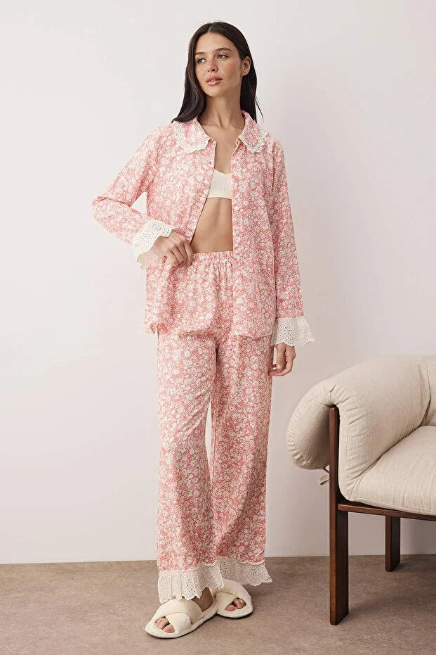 Pink Floral Viscose Woven Pajama Set
