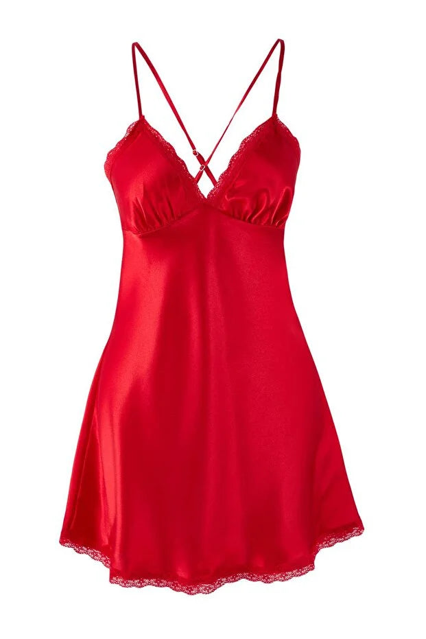 Red Slit Tulle and Lace Detailed Satin Coverless Strapless Babydoll/Fantasy Nightgown