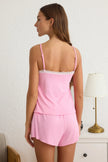 Pink Lace and Ribbon/Bow Detailed Rope Suspender Shorts Knitted Pajama Set