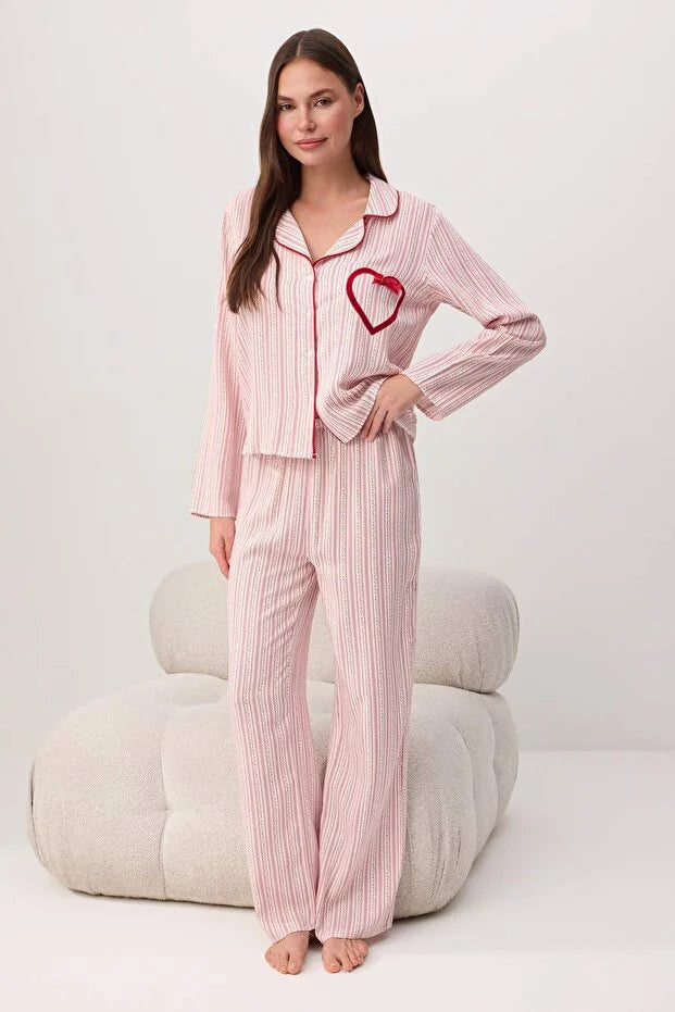 Multicolor Floral Heart Detail Viscose Woven Pajama Set