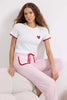 White & Pink Cotton Plaid Heart Ribbon Detail Knit Pajama Set