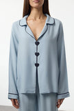 Light Blue Heart Embroidered Piping Detail Viscose Woven Pajama Set
