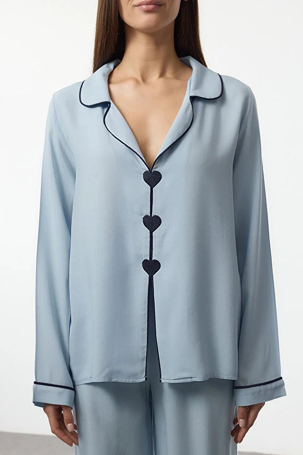 Light Blue Heart Embroidered Piping Detail Viscose Woven Pajama Set
