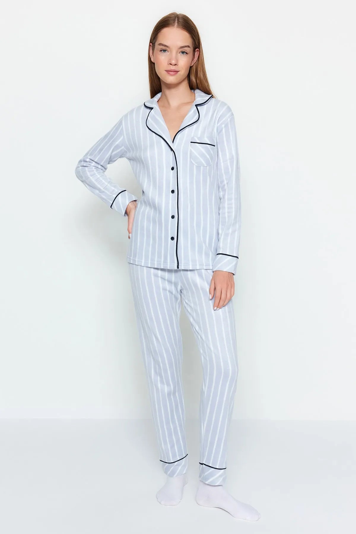 Blue Striped Piping Detailed Sleep Band Polar Winter Knitted Pajama Set