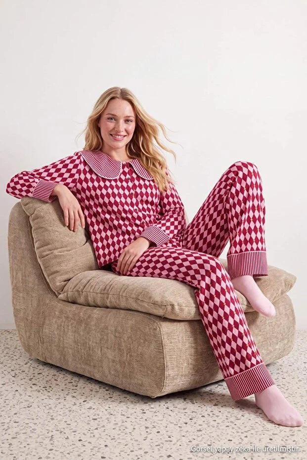 Plum Diamond & Stripe Pattern Viscose Woven Pajama Set