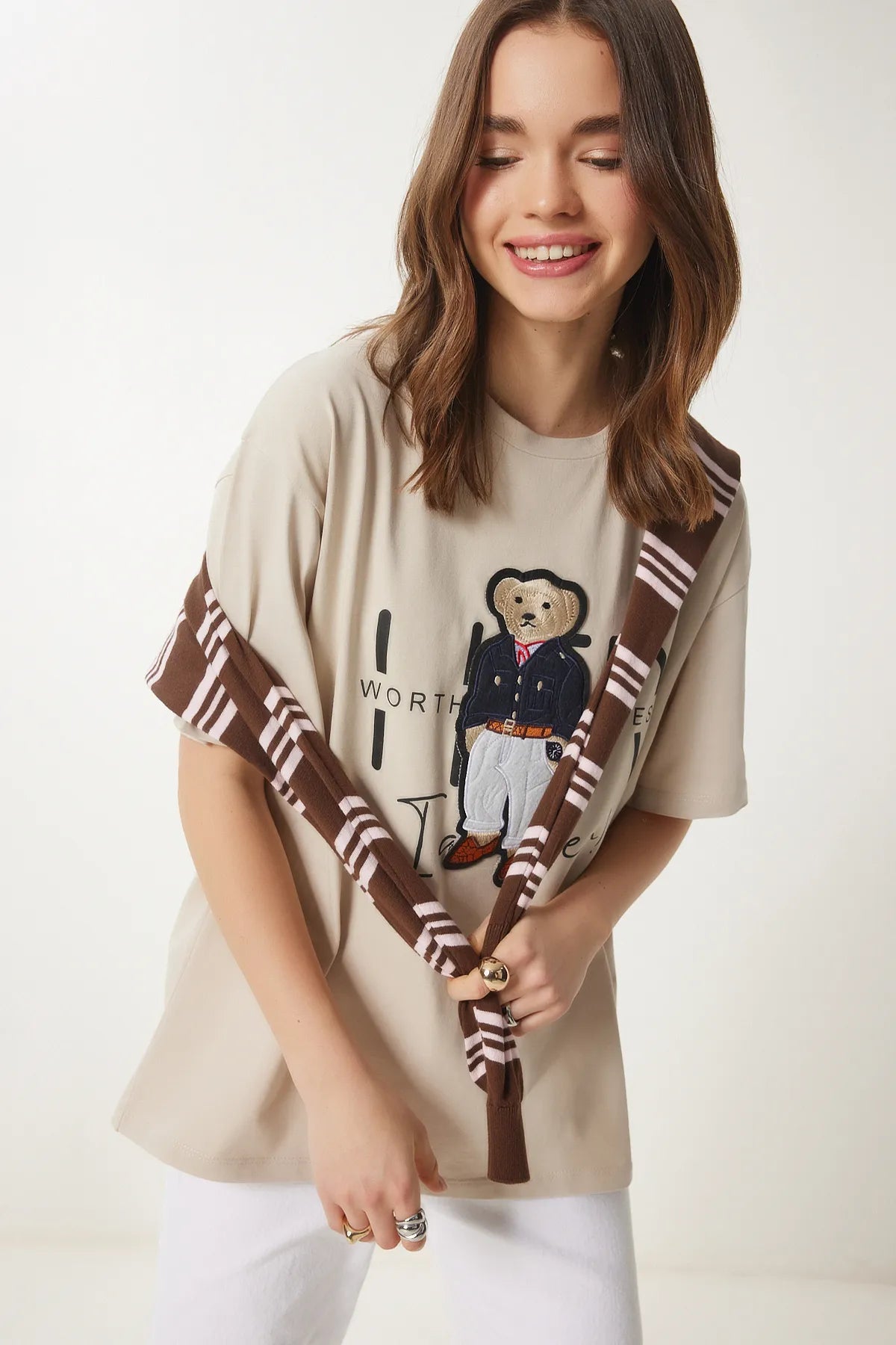 Women's Cream Teddy Bear Crest Cotton Oversize Knitted T-Shirt