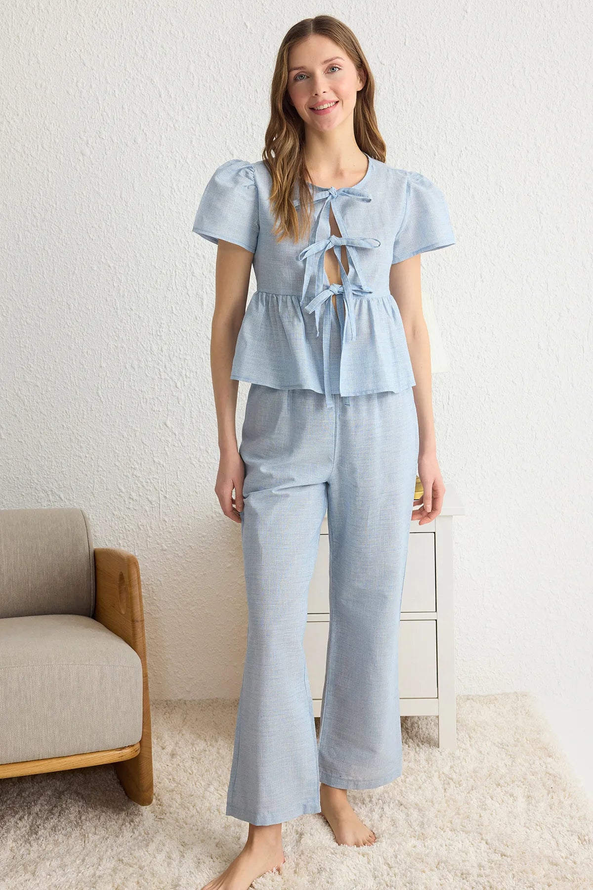 Blue Cotton Tie Detailed Woven Pajama Set