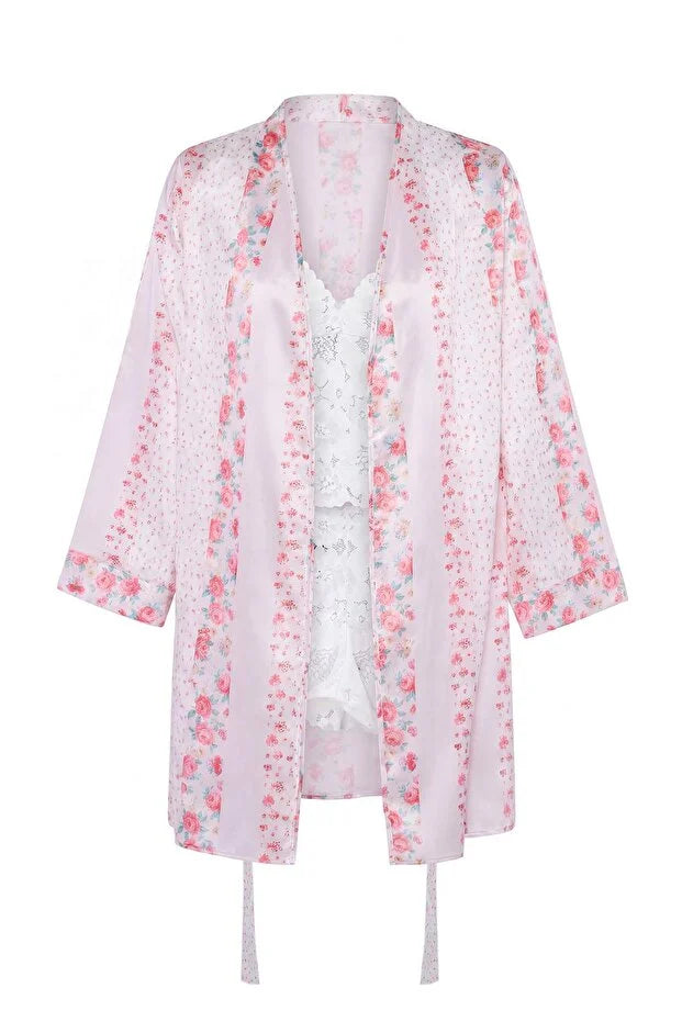 Multicolor Satin Lace Detail 4-Piece Bridal Pajama Set with Briefs & Robe