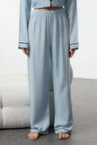 Light Blue Heart Embroidered Piping Detail Viscose Woven Pajama Set