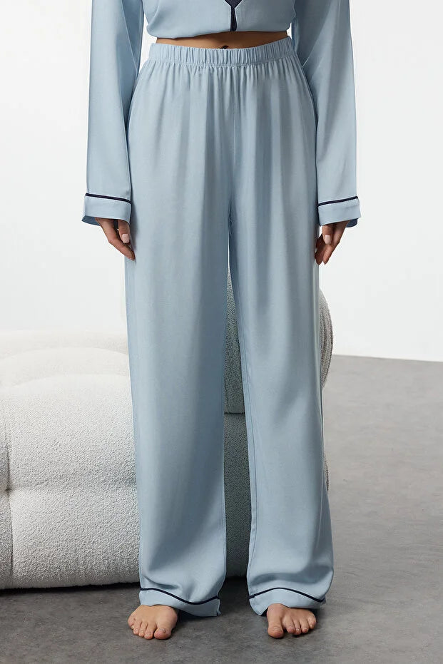 Light Blue Heart Embroidered Piping Detail Viscose Woven Pajama Set