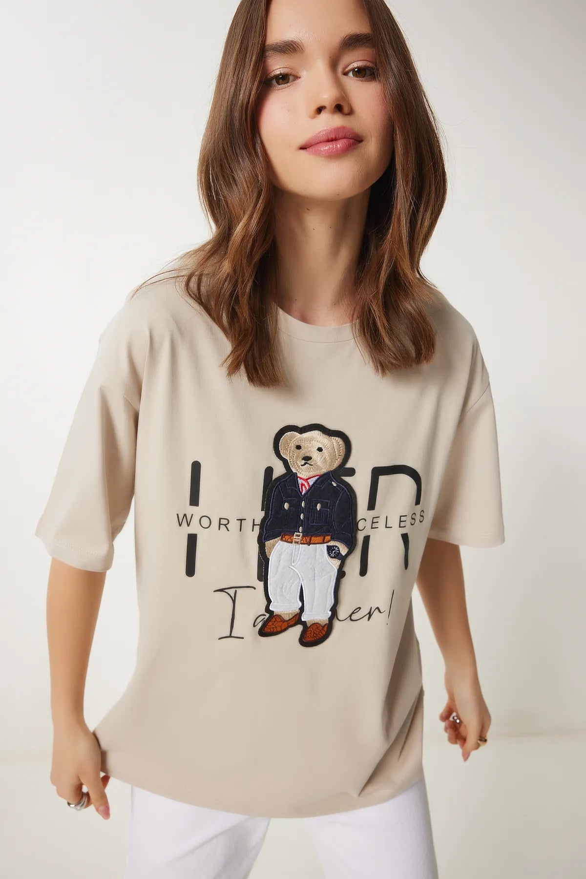 Women's Cream Teddy Bear Crest Cotton Oversize Knitted T-Shirt