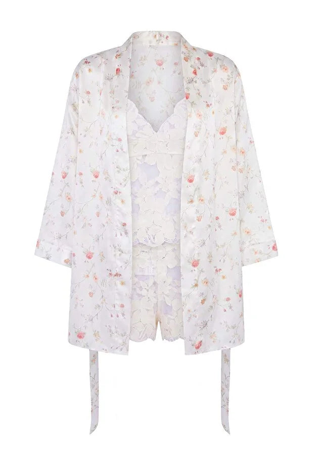 White & Multicolor Satin Lace 4-Piece Bridal Pajama Set with Briefs & Robe