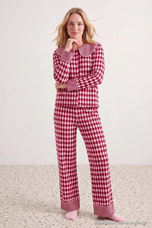 Plum Diamond & Stripe Pattern Viscose Woven Pajama Set
