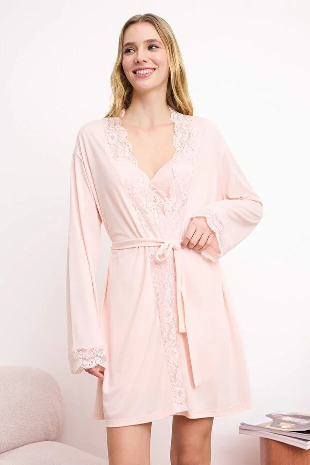 Powder Pink 4-Piece Lace Detail Robe, Nightdress, Bralette & Shorts Pajama Set