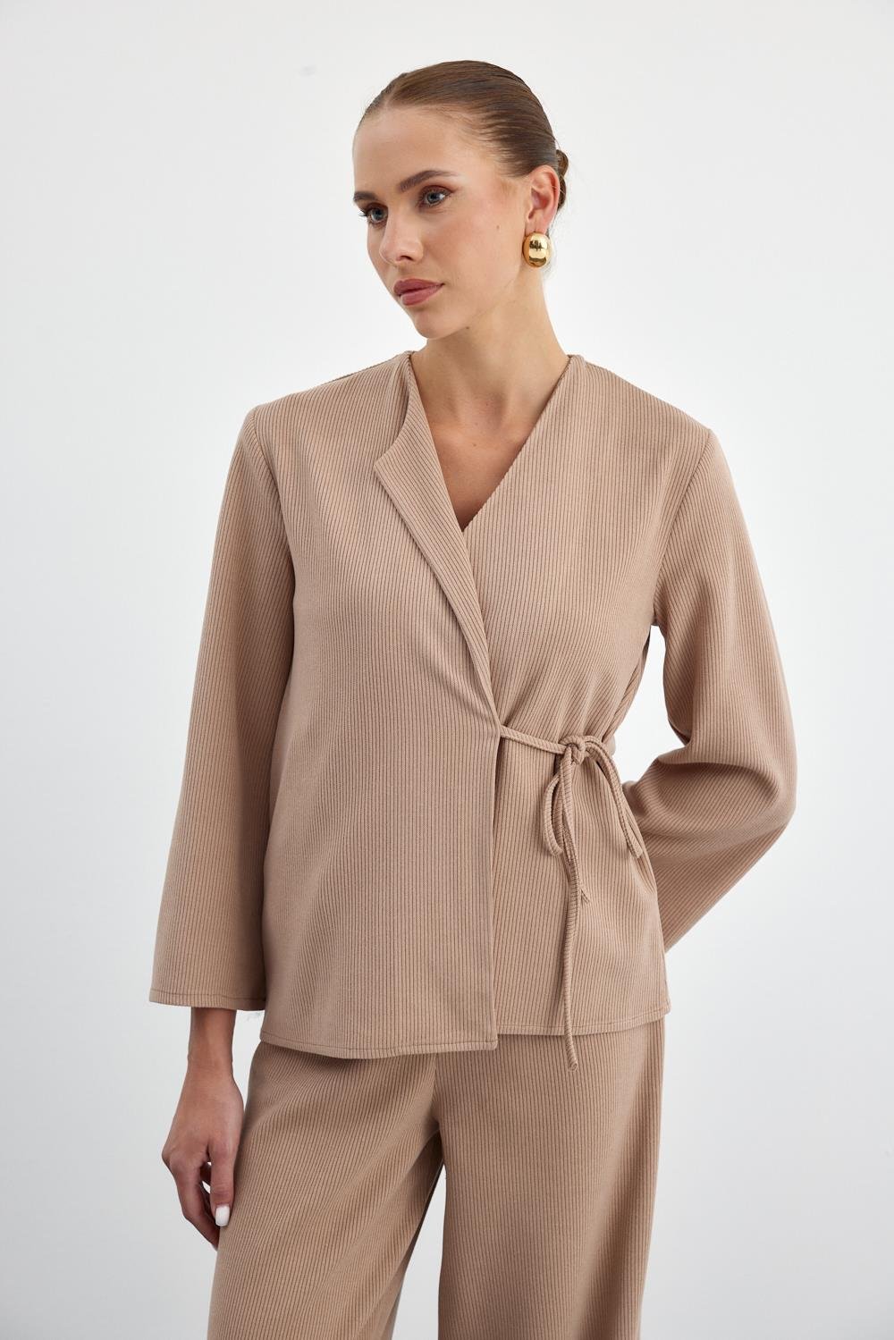 Double Breasted Light Brown Blouse and Trousers Knitwear Women's Set