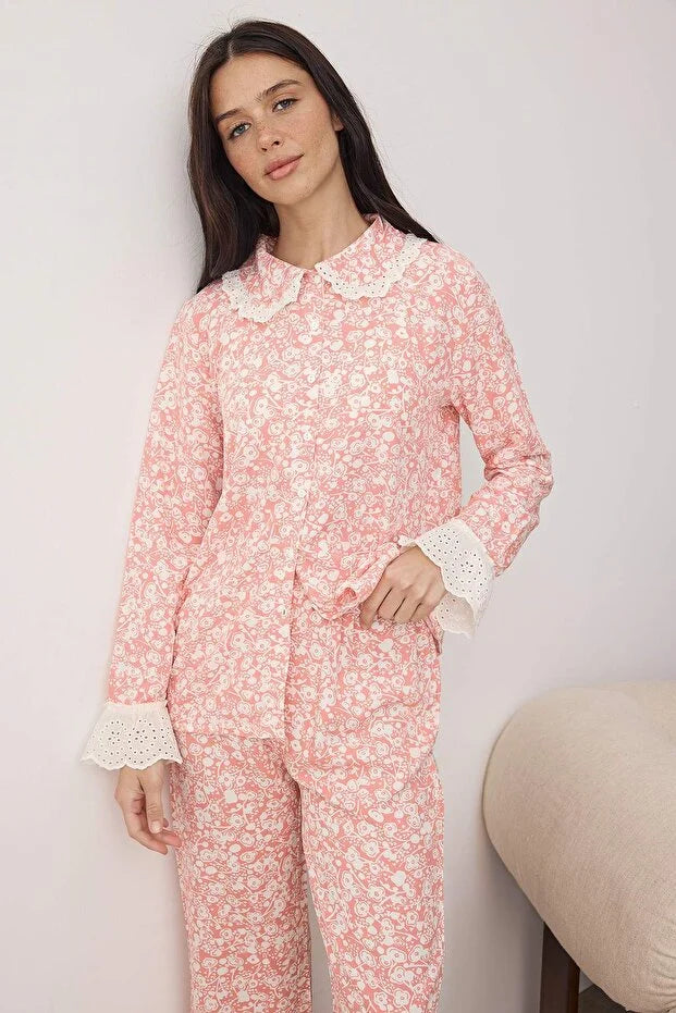 Pink Floral Viscose Woven Pajama Set