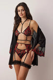 Black Robe and Floral Tulle Leg Band Unlined Lingerie Set