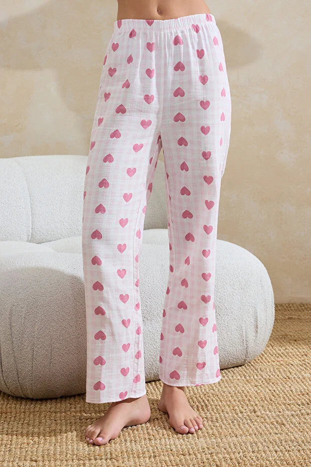 Pink 100% Cotton Heart Piping Detail Muslin Woven Pajama Set