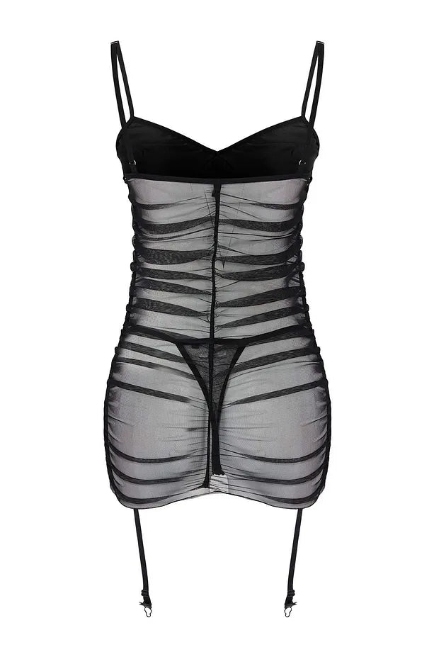 Black Garter Belted, Unlined Satin and Tulle Babydoll/Fantasy Nightgown with Sheer Back and Pantyhose