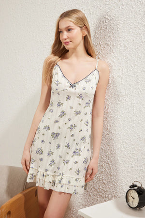 Floral Lace and Ruffle Pointel Openwork/Hole Knitted Nightgown