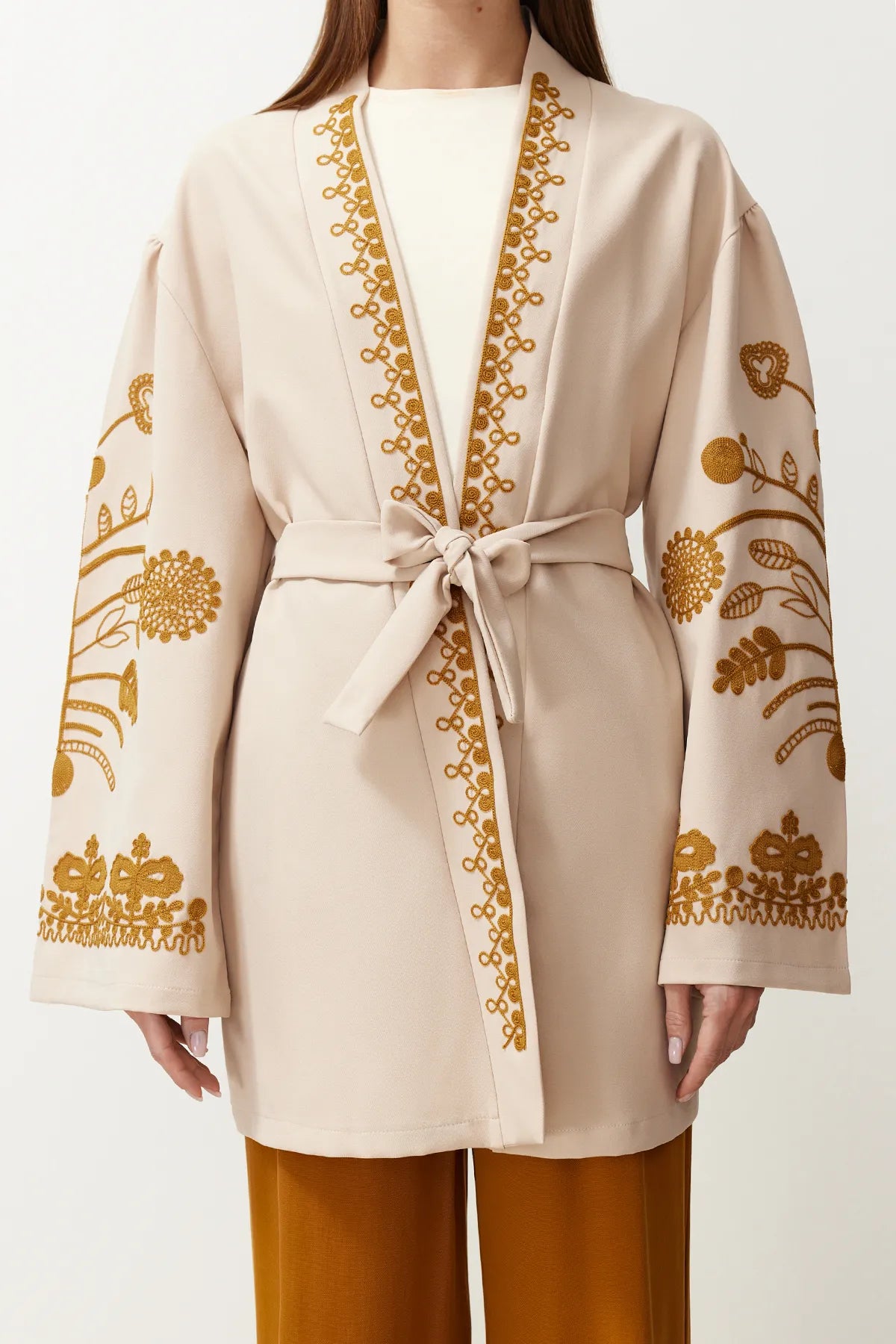 Beige Woven Embroidered Cape Abaya &amp; Kimono