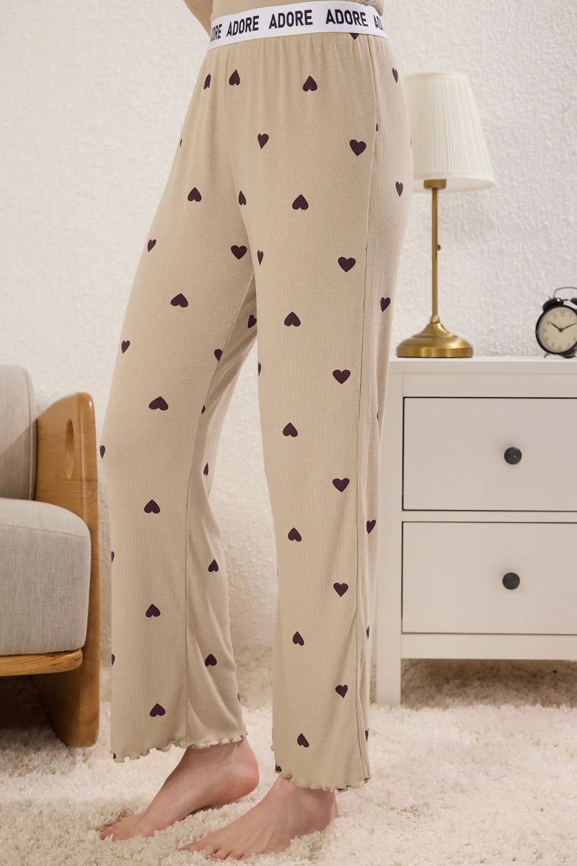 Mint Heart Slogan Elastic Detailed Ribbed Knitted Pajama Set