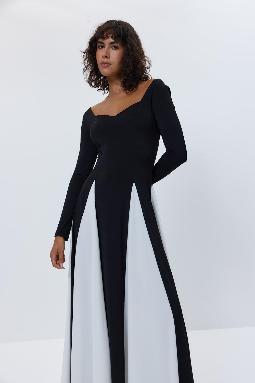 Heart Neck Block Color Black Long Dress