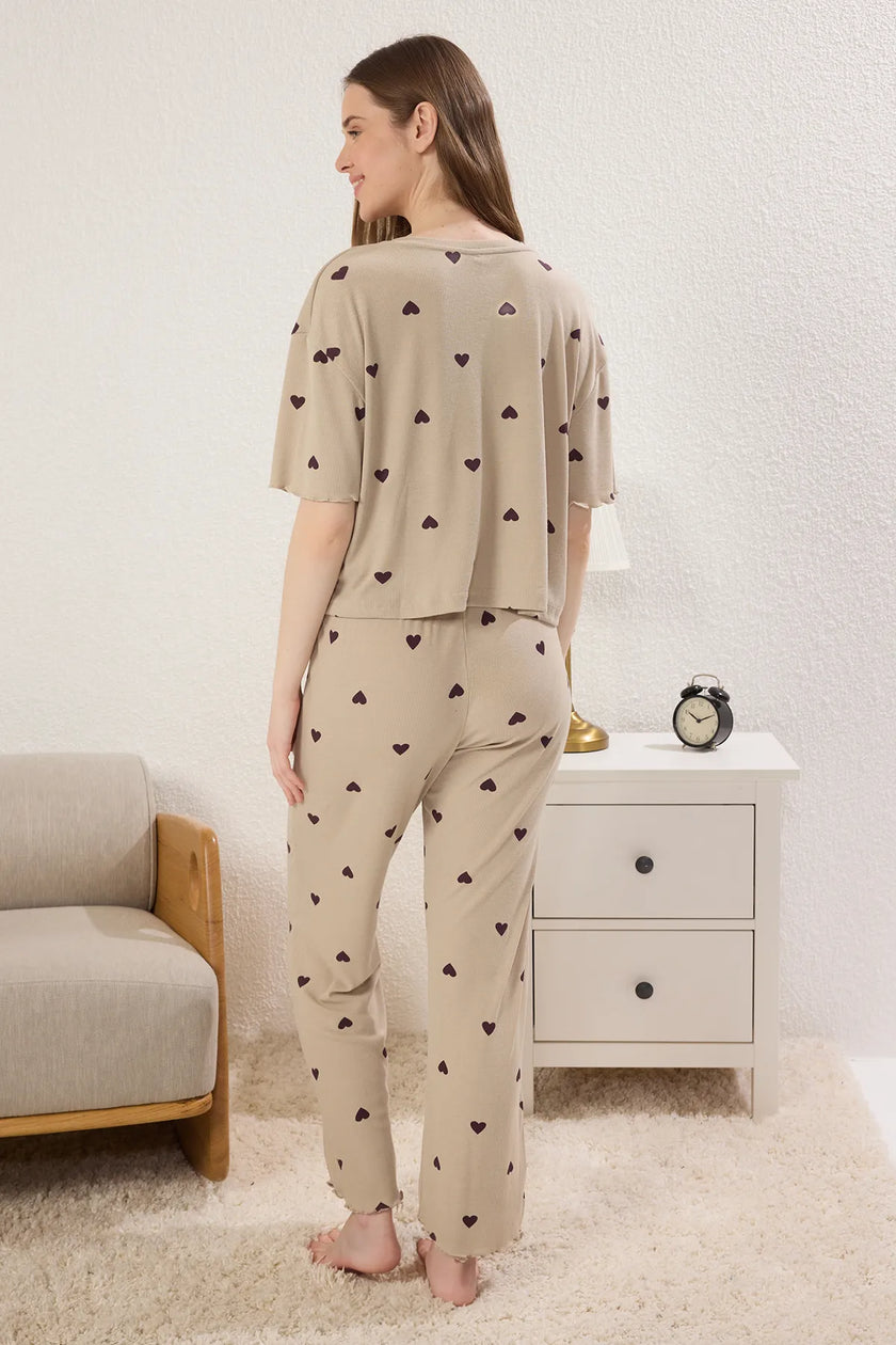 Mint Heart Slogan Elastic Detailed Ribbed Knitted Pajama Set