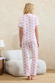 Pink 100% Cotton Heart Piping Detail Muslin Woven Pajama Set