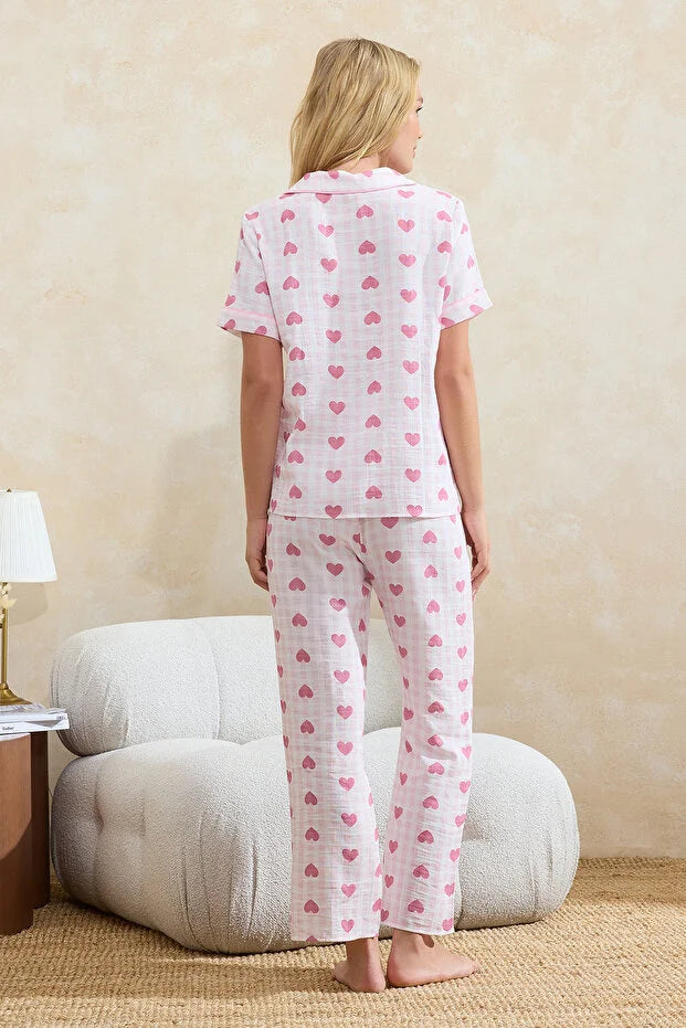 Pink 100% Cotton Heart Piping Detail Muslin Woven Pajama Set