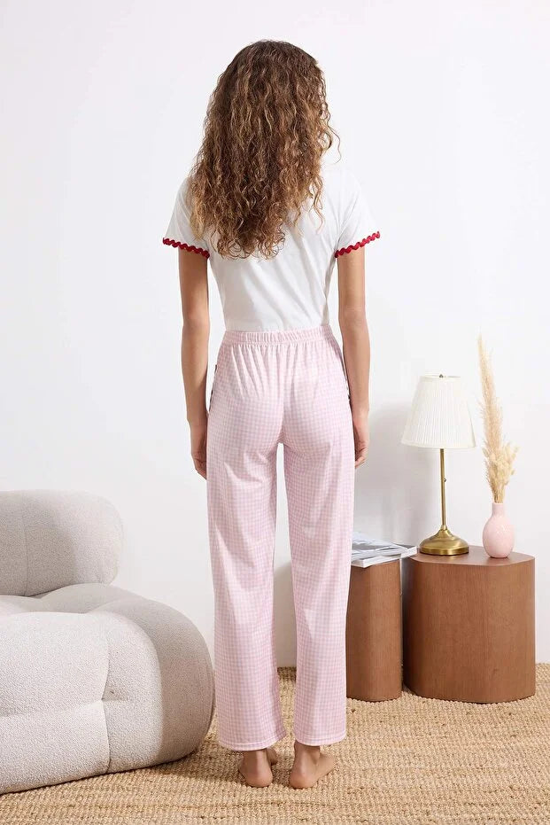 White & Pink Cotton Plaid Heart Ribbon Detail Knit Pajama Set