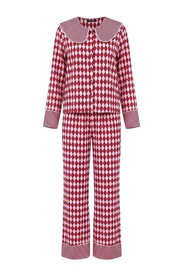 Plum Diamond & Stripe Pattern Viscose Woven Pajama Set