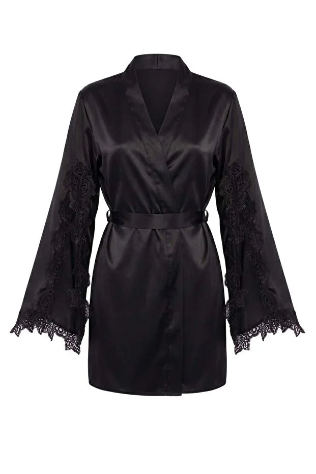 Black Satin Woven Robe with Sleeve Slits & Lace Details