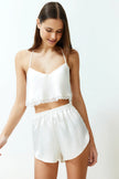 White Lace Rope Strap Crop Satin Shorts Woven Pajama Set