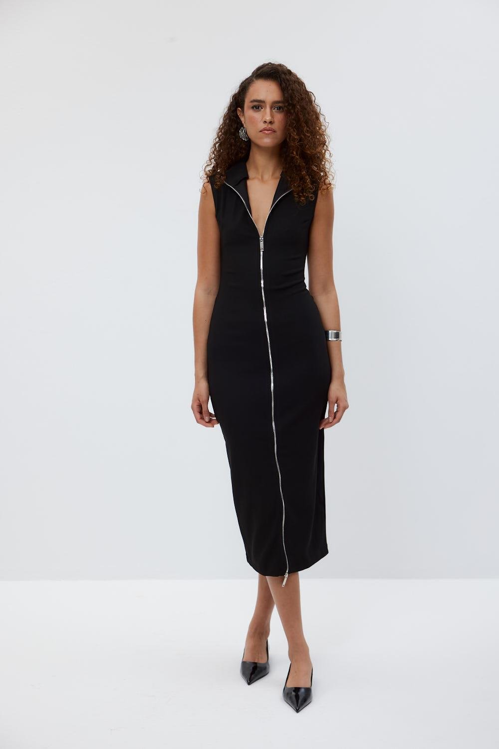 Zippered Sleeveless Midi Black Corduroy Dress