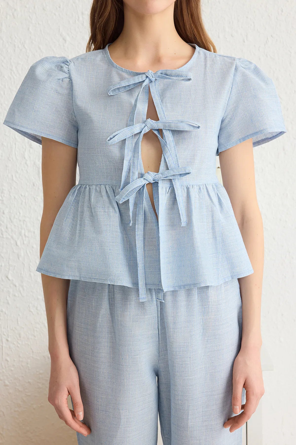 Blue Cotton Tie Detailed Woven Pajama Set