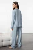 Light Blue Heart Embroidered Piping Detail Viscose Woven Pajama Set