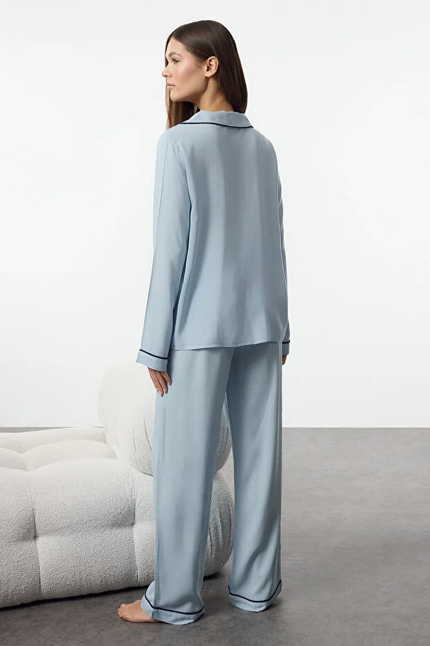 Light Blue Heart Embroidered Piping Detail Viscose Woven Pajama Set