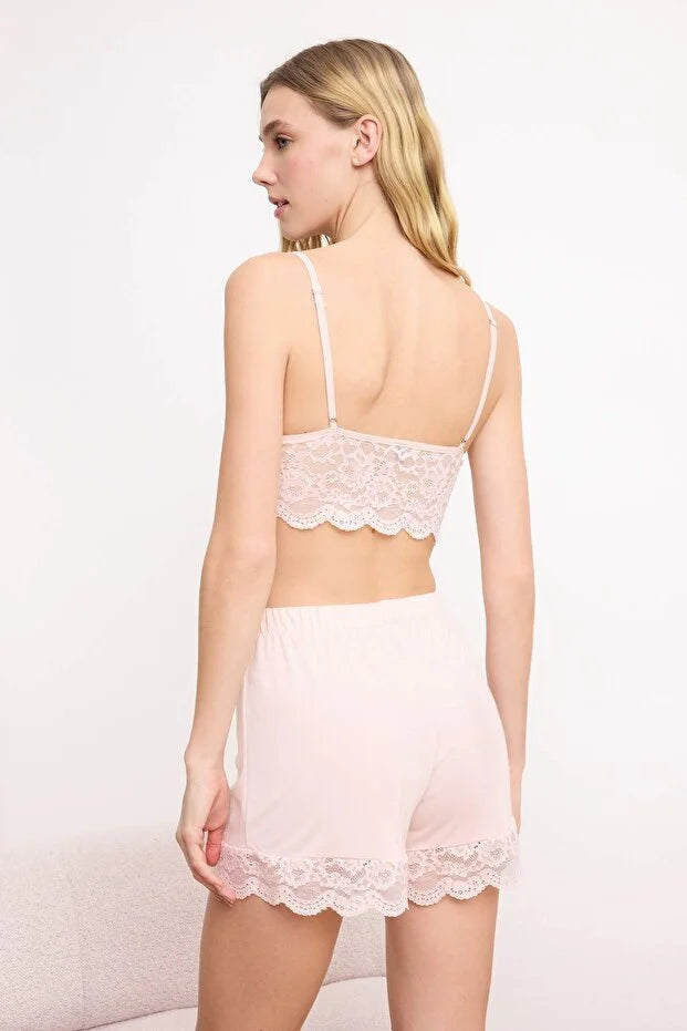 Powder Pink 4-Piece Lace Detail Robe, Nightdress, Bralette & Shorts Pajama Set