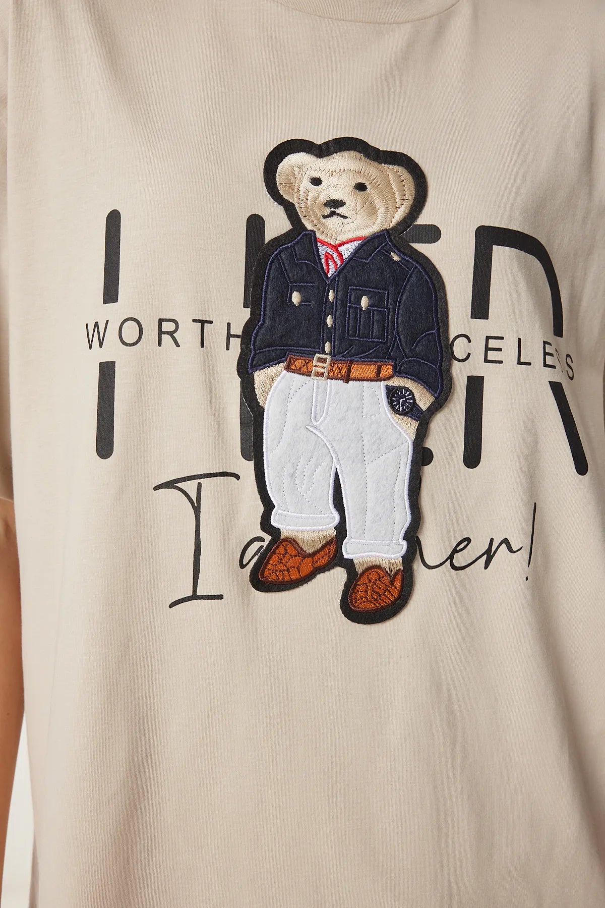 Women's Cream Teddy Bear Crest Cotton Oversize Knitted T-Shirt