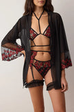 Black Robe and Floral Tulle Leg Band Unlined Lingerie Set