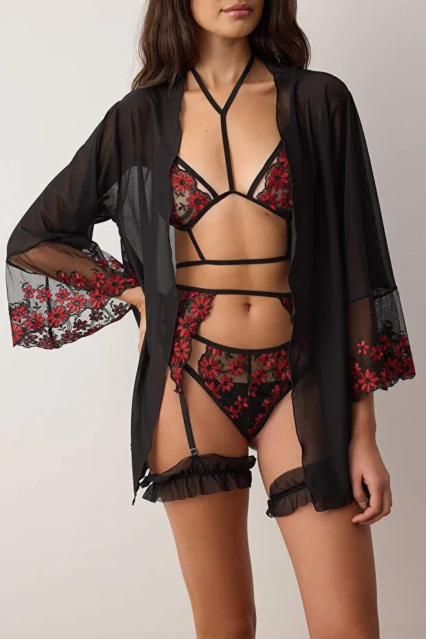 Black Robe and Floral Tulle Leg Band Unlined Lingerie Set