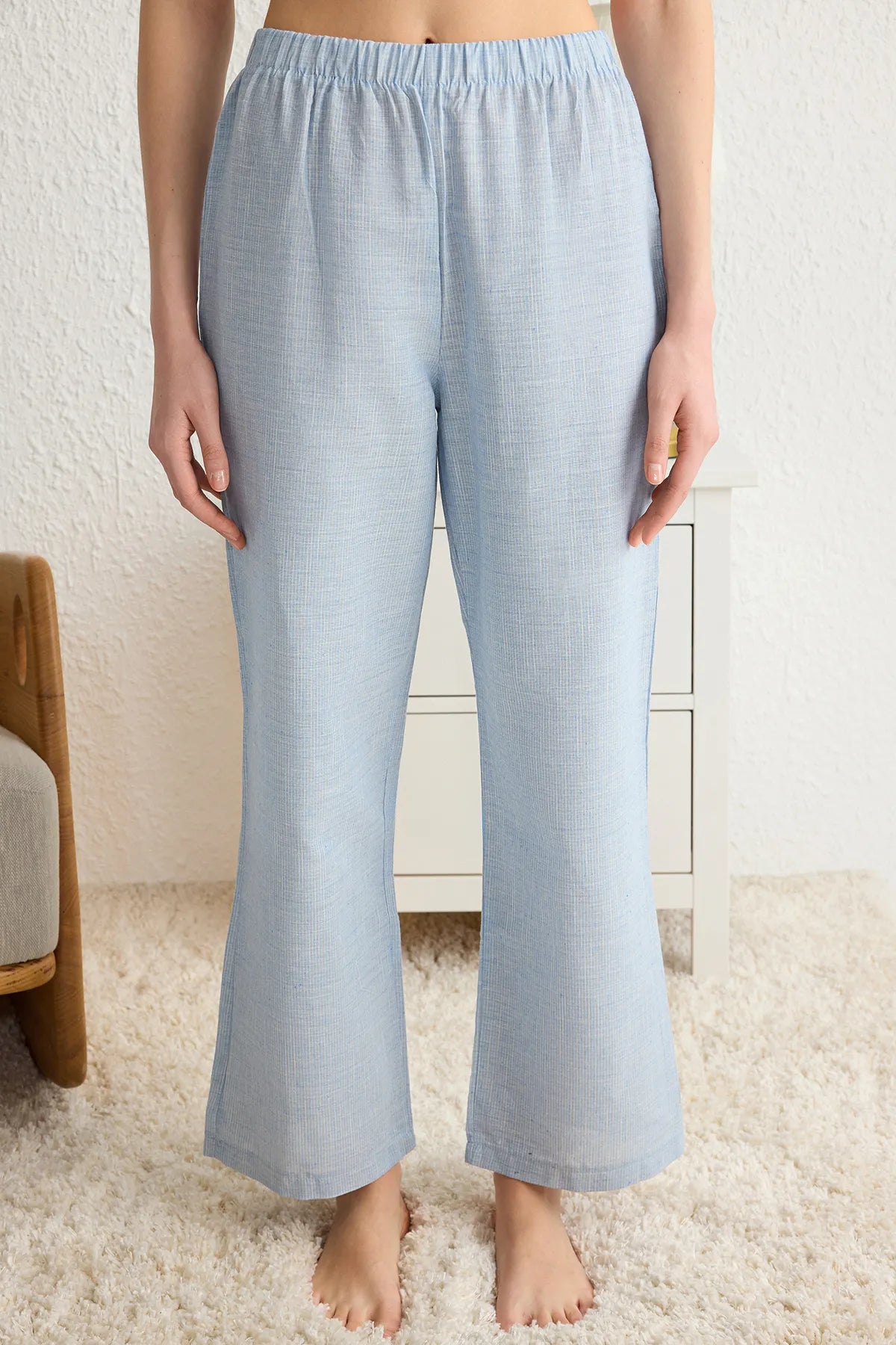 Blue Cotton Tie Detailed Woven Pajama Set